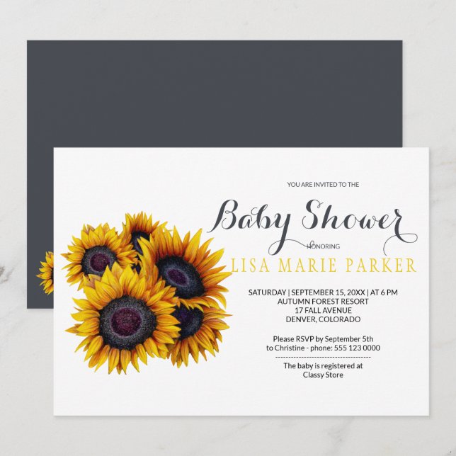Summer Classy Golden Sunflowers Baby Shower Invitation (Front/Back)