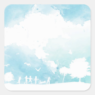 Summer Clouds Blue Sky Children Playing Watercolor Square Sticker