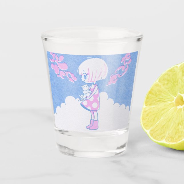 Summer Clouds, Girl and Kitty Shot Glass (Front)