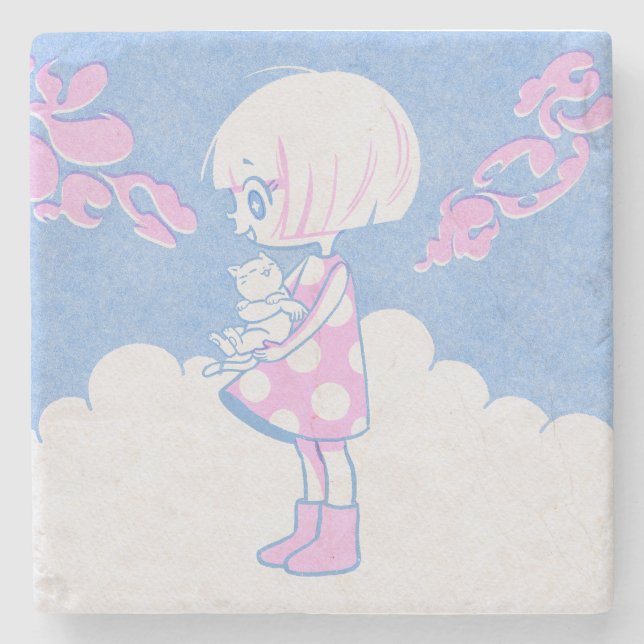 Summer Clouds, Girl and Kitty Stone Coaster (Front)