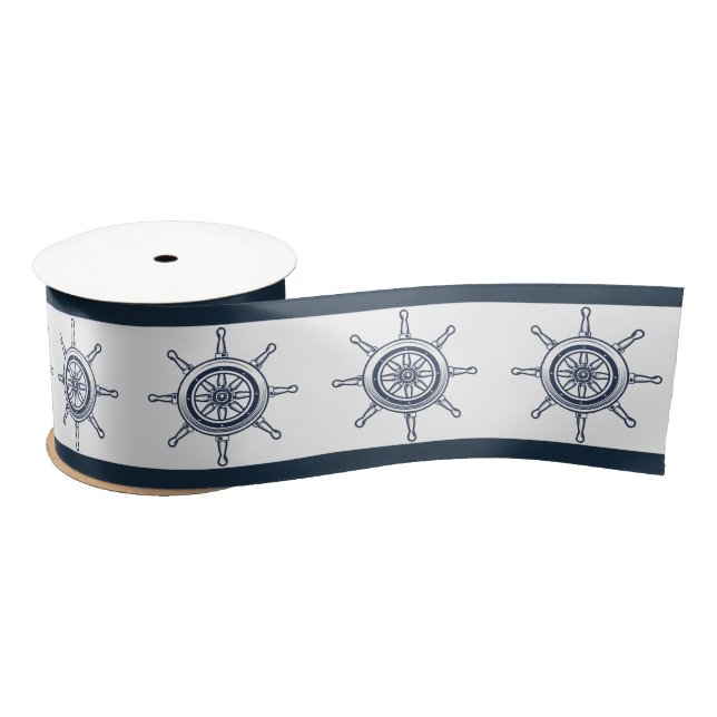 Summer Coastal Blue Beach Boat Ship Helm Nautical Satin Ribbon (Spool)