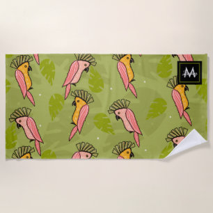 Summer Cockatoo Birds Monstera Greenery  Beach Towel