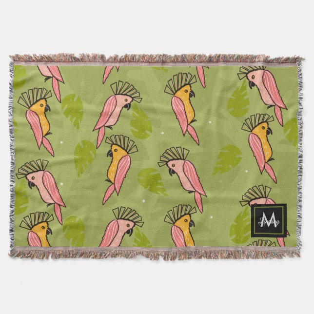 Summer Cockatoo Birds Monstera Greenery Throw Blanket (Front)
