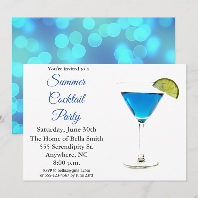 Summer Cocktail Party Blue Invitation (Front/Back)