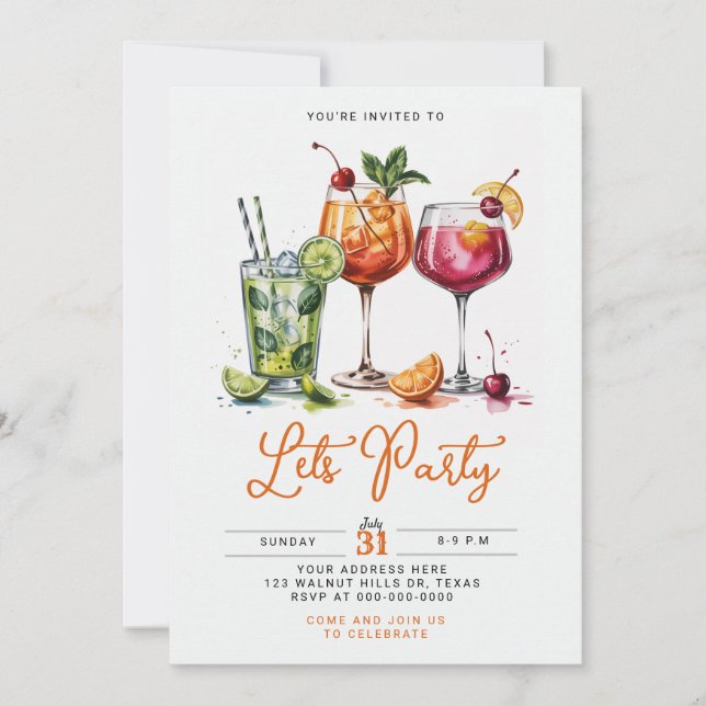 Summer Cocktail Party with Colourful Drinks Invitation (Front)
