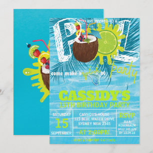 Summer coconut Birthday Pool Party Invitation