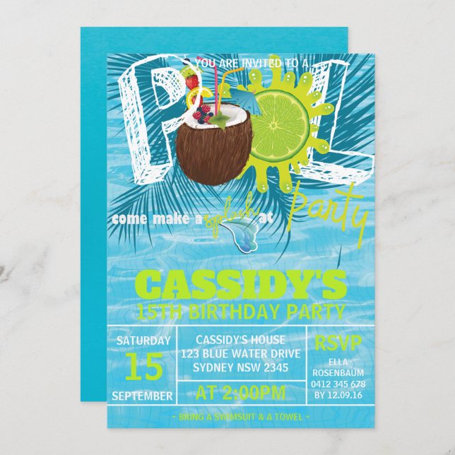 Summer coconut Birthday Pool Party Invitation (Front/Back)