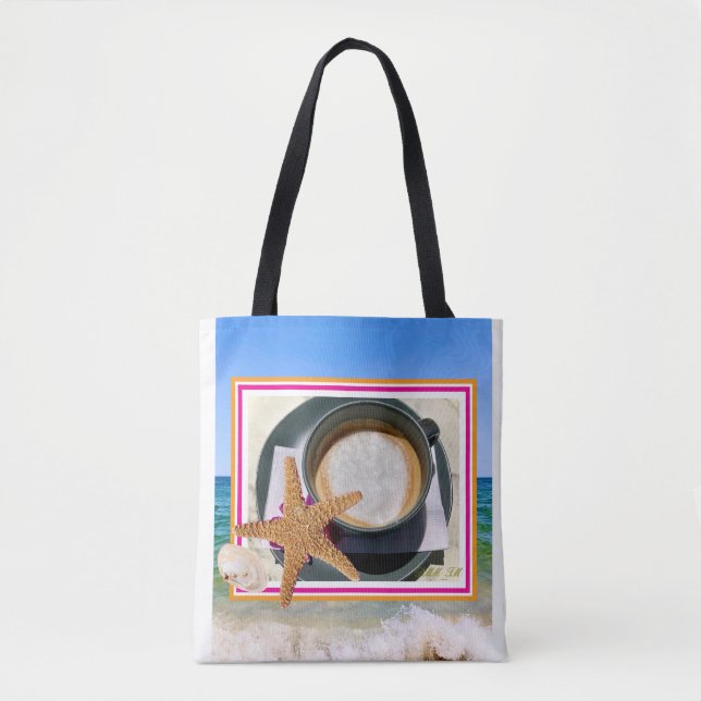 Summer coffee dessert ocean view tote bag. (Front)