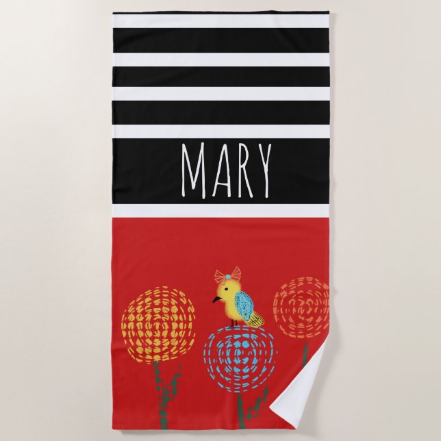 Summer Colorblock Stripes Yellow Bird Beach Towel (Front)