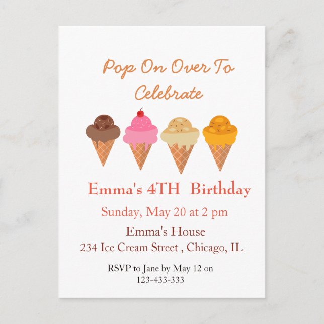 Summer Colourful Ice cream Birthday party    Invitation Postcard (Front)