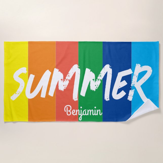 Summer Colourful personalised Name Stripes  Beach Towel (Front)