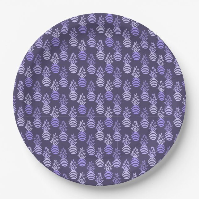 Summer colourful pineapple fruit blue pattern paper plate (Front)