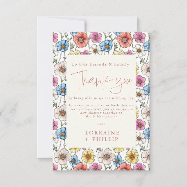 Summer colourful wild flowers pattern wedding thank you card (Front)