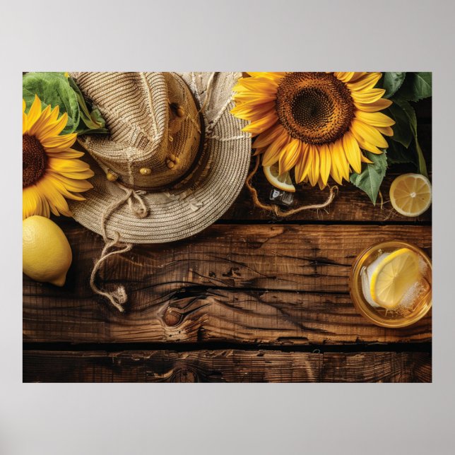 Summer comcept with a straw hat and sunflowers poster (Front)