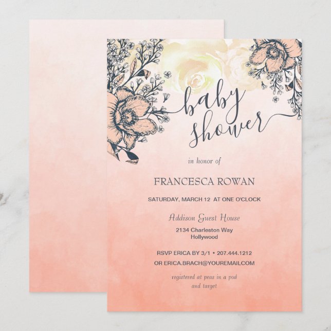 Summer Coral Poppy Baby Shower Invitation (Front/Back)