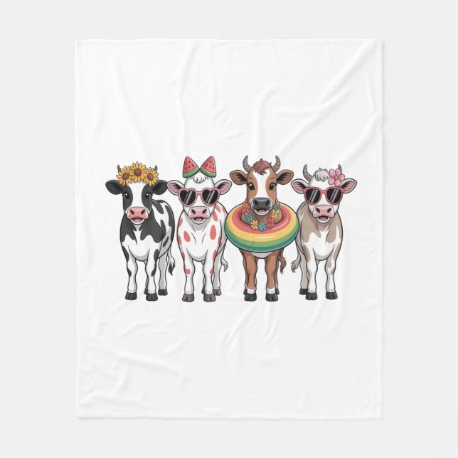 Summer Cows , Beach Farm Fleece Blanket (Front)