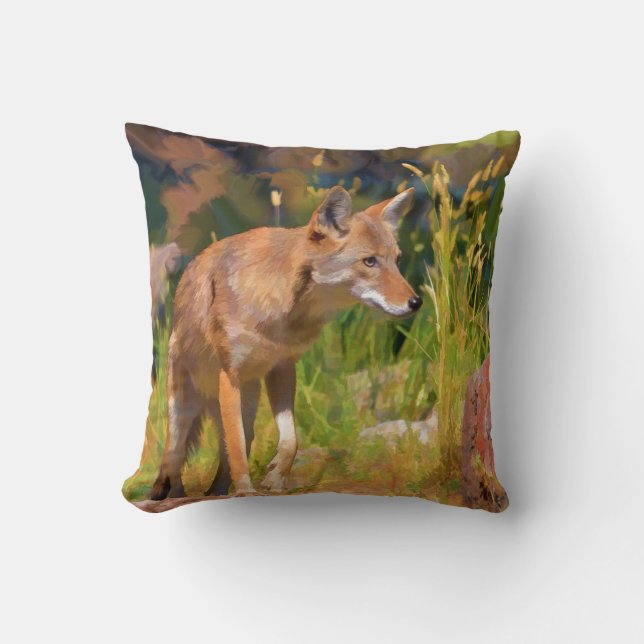 Summer Coyote Wildlife Painting Cushion (Front)