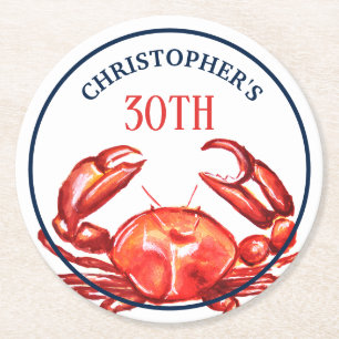 Summer Crab 30th Birthday Beach Party Round Paper Coaster