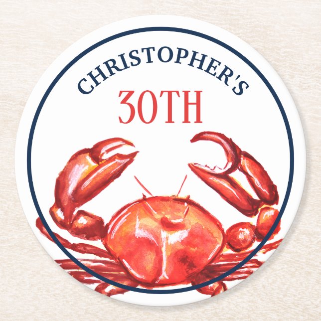 Summer Crab 30th Birthday Beach Party Round Paper Coaster (Front)
