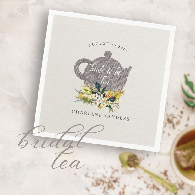 Summer Daisies Floral Floral Bridal Tea Napkin (Elegant taupe and sunny yellow  has simple daisy bouquet and teapot design.)