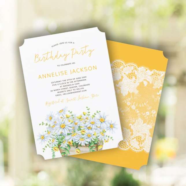 Summer daisies yellow white lace birthday party invitation (Creator Uploaded)