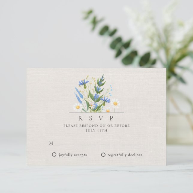 Summer Daisy Blue Floral Botanical Wedding RSVP Card (Standing Front)