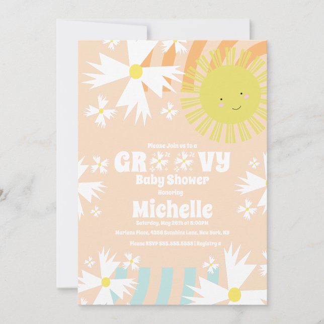 Summer Daisy Groovy Sun Rainbow Baby Shower Invitation (Front)