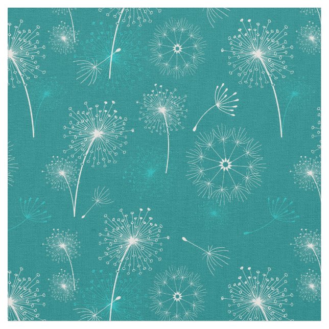 Summer Dandelions Teal and White Floral Pattern Fabric (Close Up)