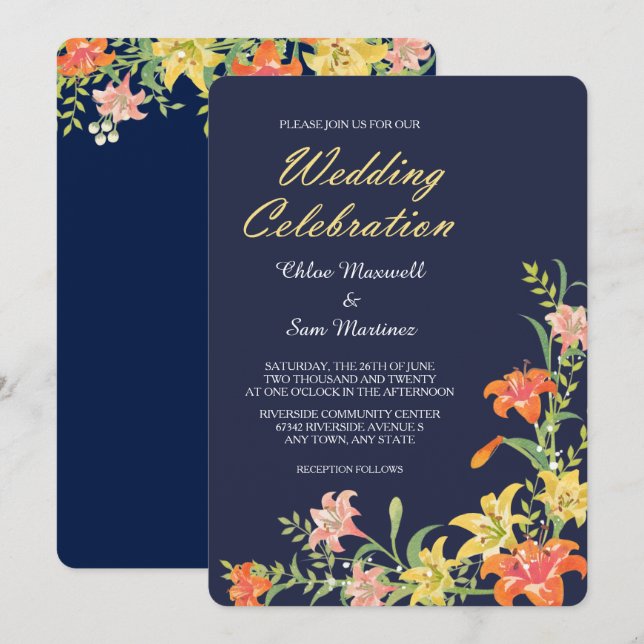Summer Daylilies on Navy Blue Wedding Invitation (Front/Back)