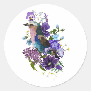 Summer design with bird and violet flowers. classic round sticker