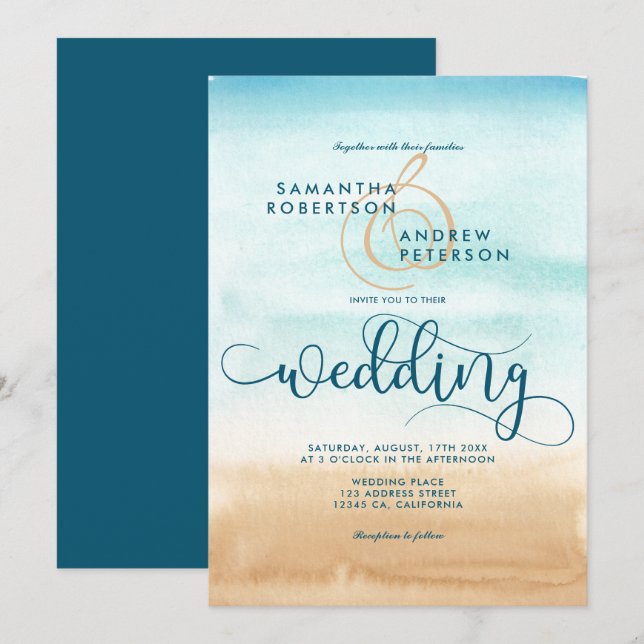 Summer destination beach chic wedding script invitation (Front/Back)