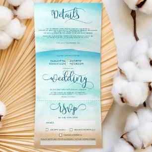 Summer destination beach chic wedding script  Tri- Tri-Fold Invitation