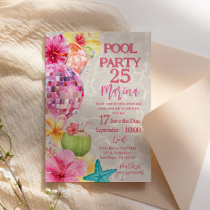 Summer Disco Luau Pool Party Birthday Invitation