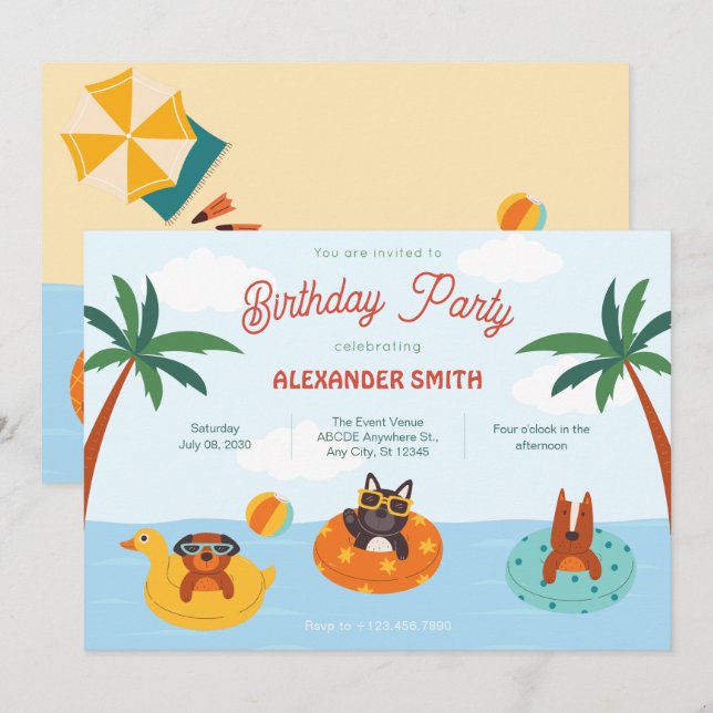 Summer dogs on the beach birthday invitation (Front/Back)