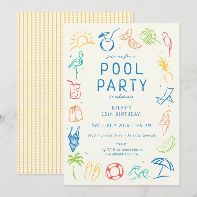 Summer Doodle Party Invitation (Front/Back)