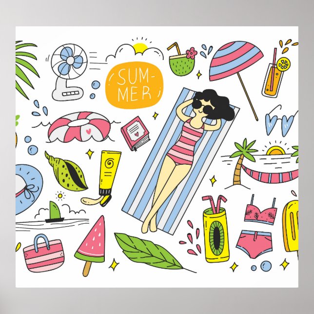 Summer Doodles: White Background Set. Poster (Front)