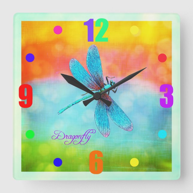 Summer Dragonfly Rainbow Bright Decorative Square Wall Clock (Front)