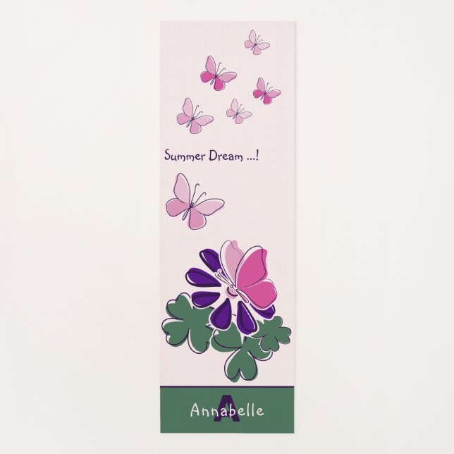 Summer Dream Pink Butterflies Violet Flower Name Yoga Mat (Front)