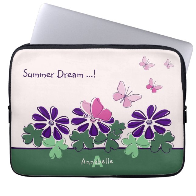 Summer Dream ...! Pink Butterfly Flutter Name Laptop Sleeve (Front)