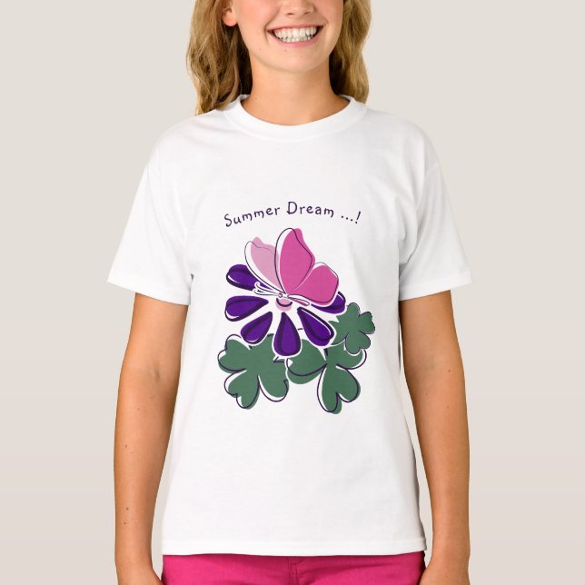 Summer Dream - Pink Butterfly Purple Flower Doodle T-Shirt (Front)