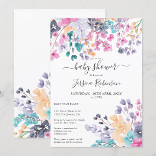 Summer dried flowers floral watercolor baby shower invitation
