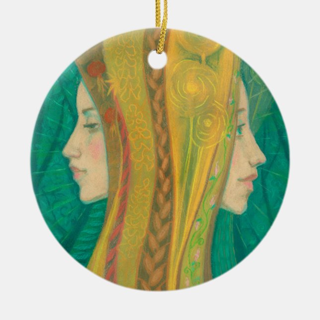 Summer Dryad Girls Forest Fantasy Art Green Yellow Ceramic Tree Decoration (Front)