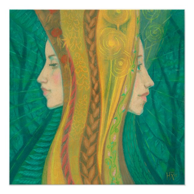 Summer Dryad Girls Forest Fantasy Art Green Yellow Poster (Front)