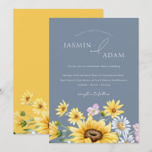 Summer Dusty Blue Yellow Sunflowers Floral Wedding Invitation