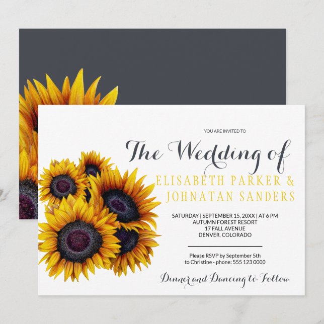Summer Elegant Yellow Sunflowers Wedding Invitation (Front/Back)