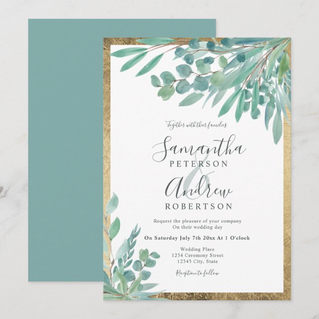 Summer Eucalyptus floral watercolor gold wedding Invitation (Front/Back)