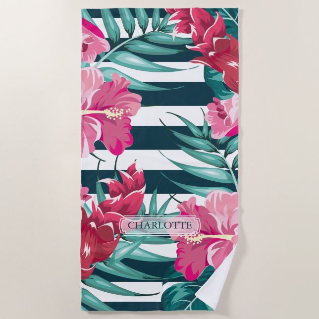 Summer Exotic Flowers Monogram striped Beach Towel (Front)