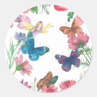 summer-fairy illustrated floral custom name classic round sticker