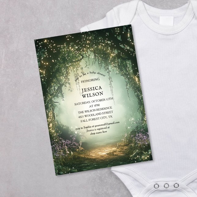 Summer Fairy Tale Enchanted Forest  Baby Shower Invitation (enchanted forest fairy tale baby shower, green and gold color)