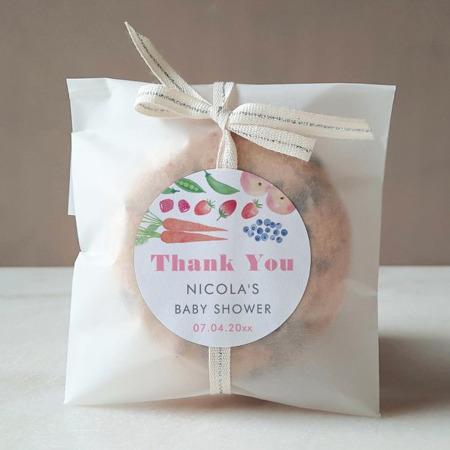 Summer Farmers Market Girl Baby Shower Favour Classic Round Sticker (Watercolor vegetable garden girl baby shower thank you favor stickers)